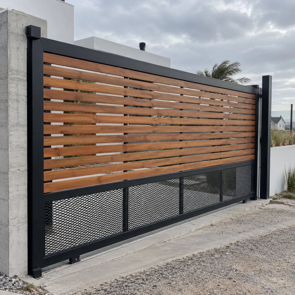 Portón corredizo de hierro y madera — trabajo de herrería de Hierro Fach
